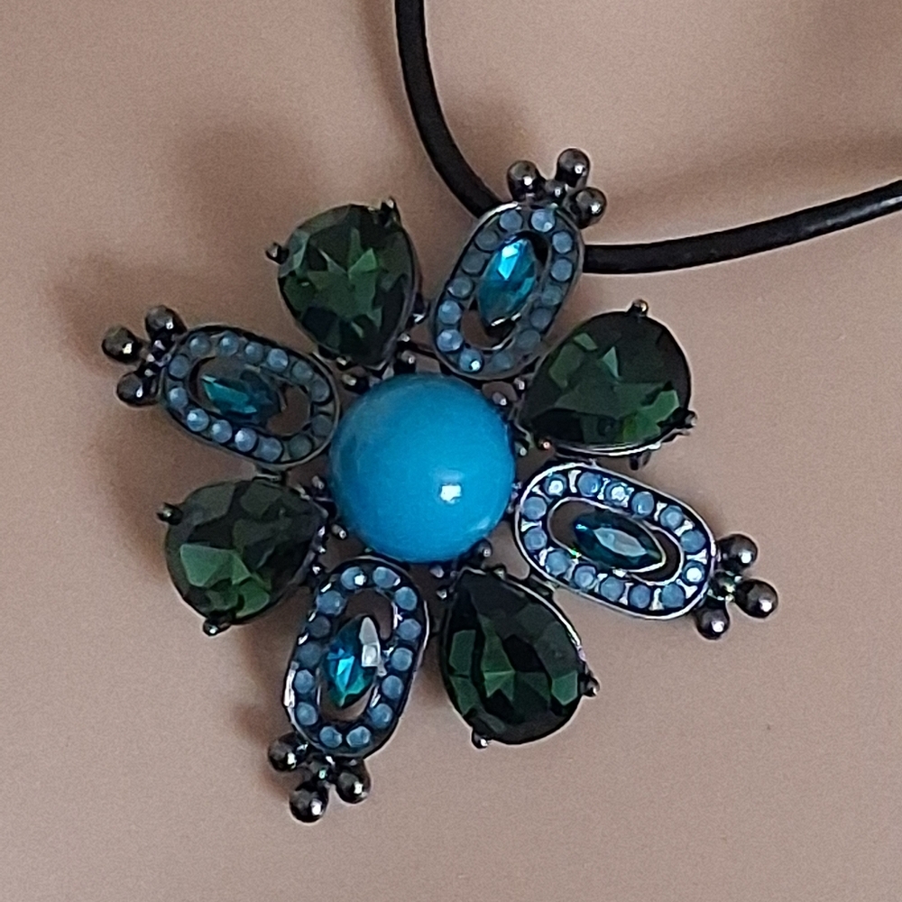 Lia Sophia Blue and Green Pendant Necklace On Black Cord - Picture 8 of 11